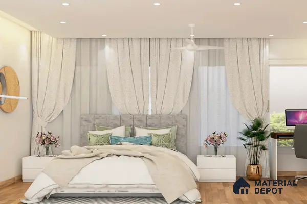 Bedroom with pastel colors and floral accents, white chandelier, and TV