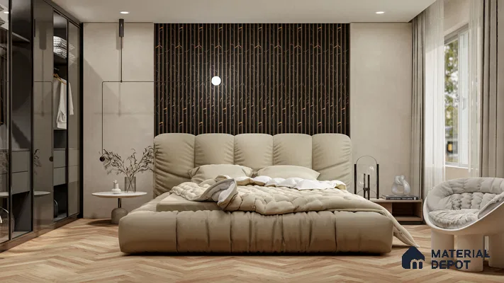 Beige Bedroom with Black & Gold Spotted Fluted Panels and Cozy Upholstery | Material Depot
