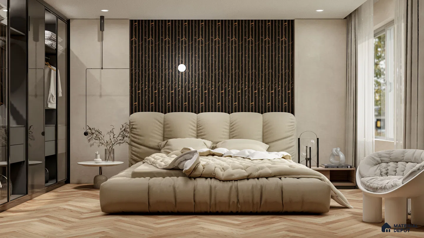 Beige Bedroom with Black & Gold Spotted Fluted Panels and Cozy Upholstery | Material Depot