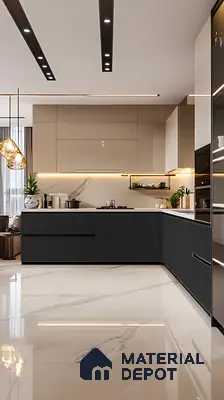 Modern Beige and Black Modular Kitchen with Marble Finishes and Under Cabinet Lighting | Material Depot
