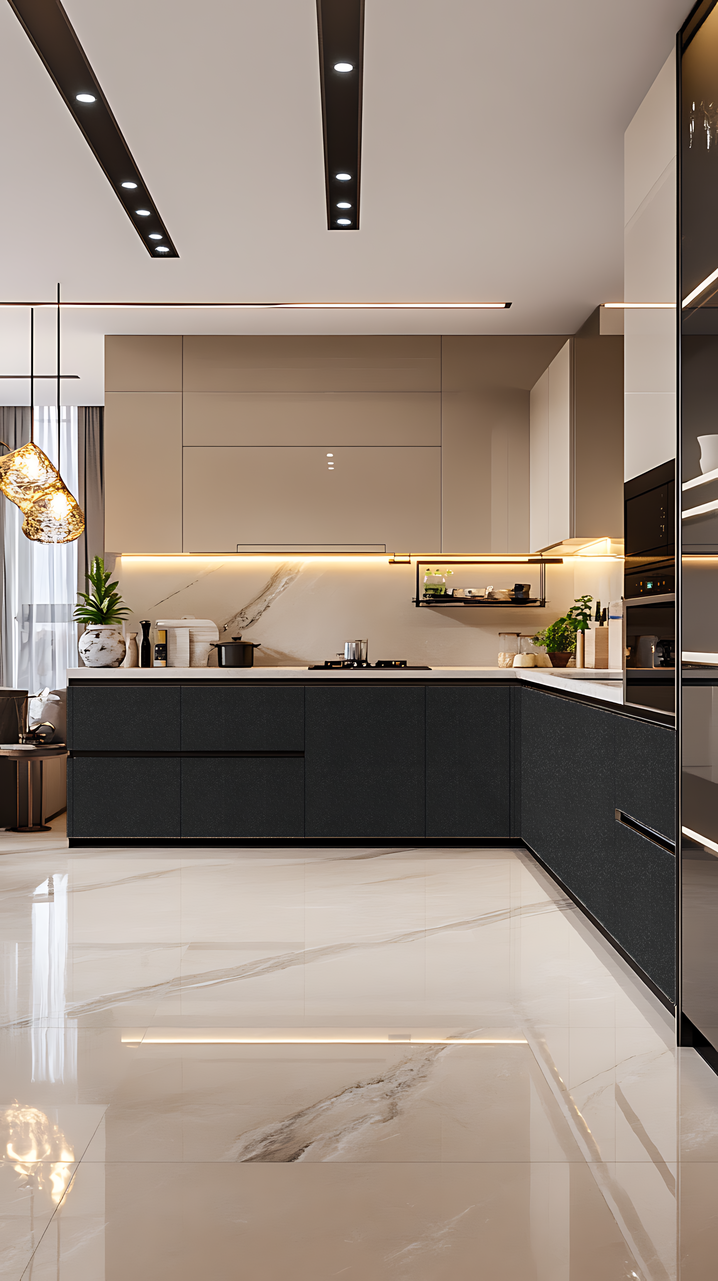 Modern Beige and Black Modular Kitchen with Marble Finishes and Under Cabinet Lighting | Material Depot