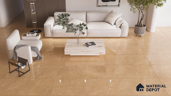 Beige Glossy Marble Tiles for an Elegant and Spacious Living Room | Material Depot