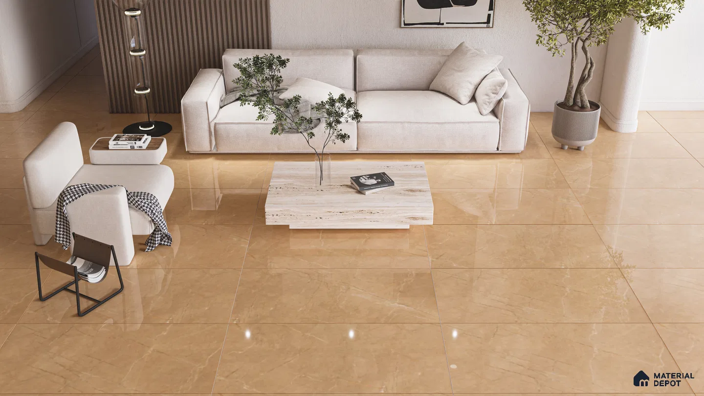Beige Glossy Marble Tiles for an Elegant and Spacious Living Room | Material Depot