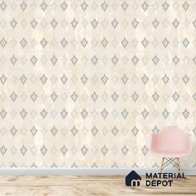 A close-up of a Beige Ikkat Design Indian Bedroom Wallpaper 19.6 Inches(W) x 420 Inches(H) Atarangi Series Abstract Patterned - 57 Sq. Ft. with a finish available at Material Depot in Bangalore