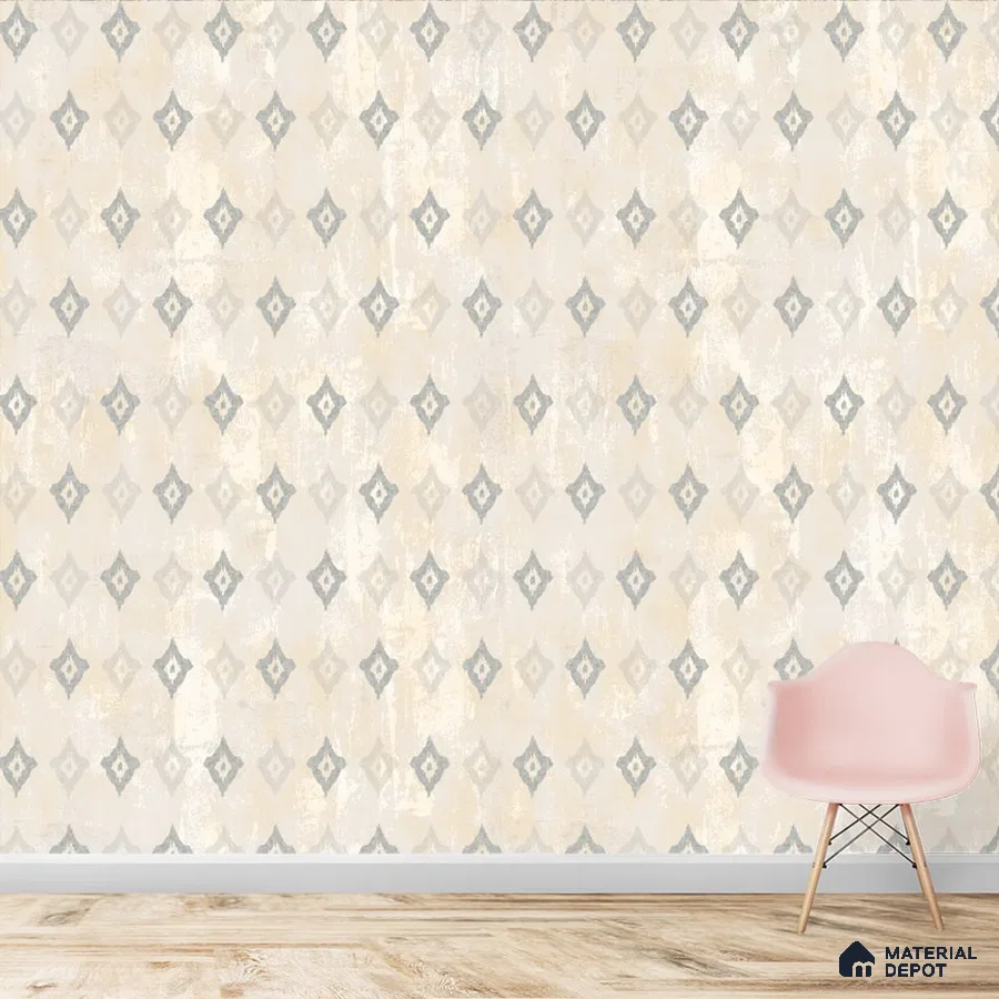 A close-up of a Beige Ikkat Design Indian Bedroom Wallpaper 19.6 Inches(W) x 420 Inches(H) Atarangi Series Abstract Patterned - 57 Sq. Ft. with a finish available at Material Depot in Bangalore