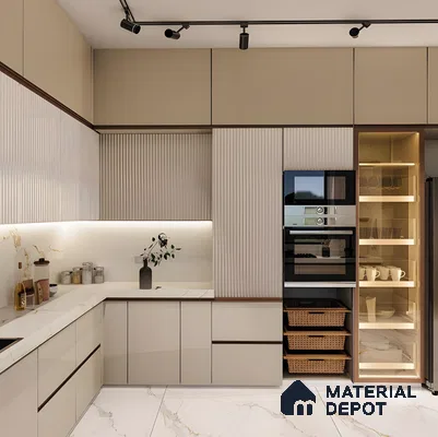 Beige Kitchen With Fluted Details, Marble Surfaces, And Warm Lighting Highlights | Material Depot