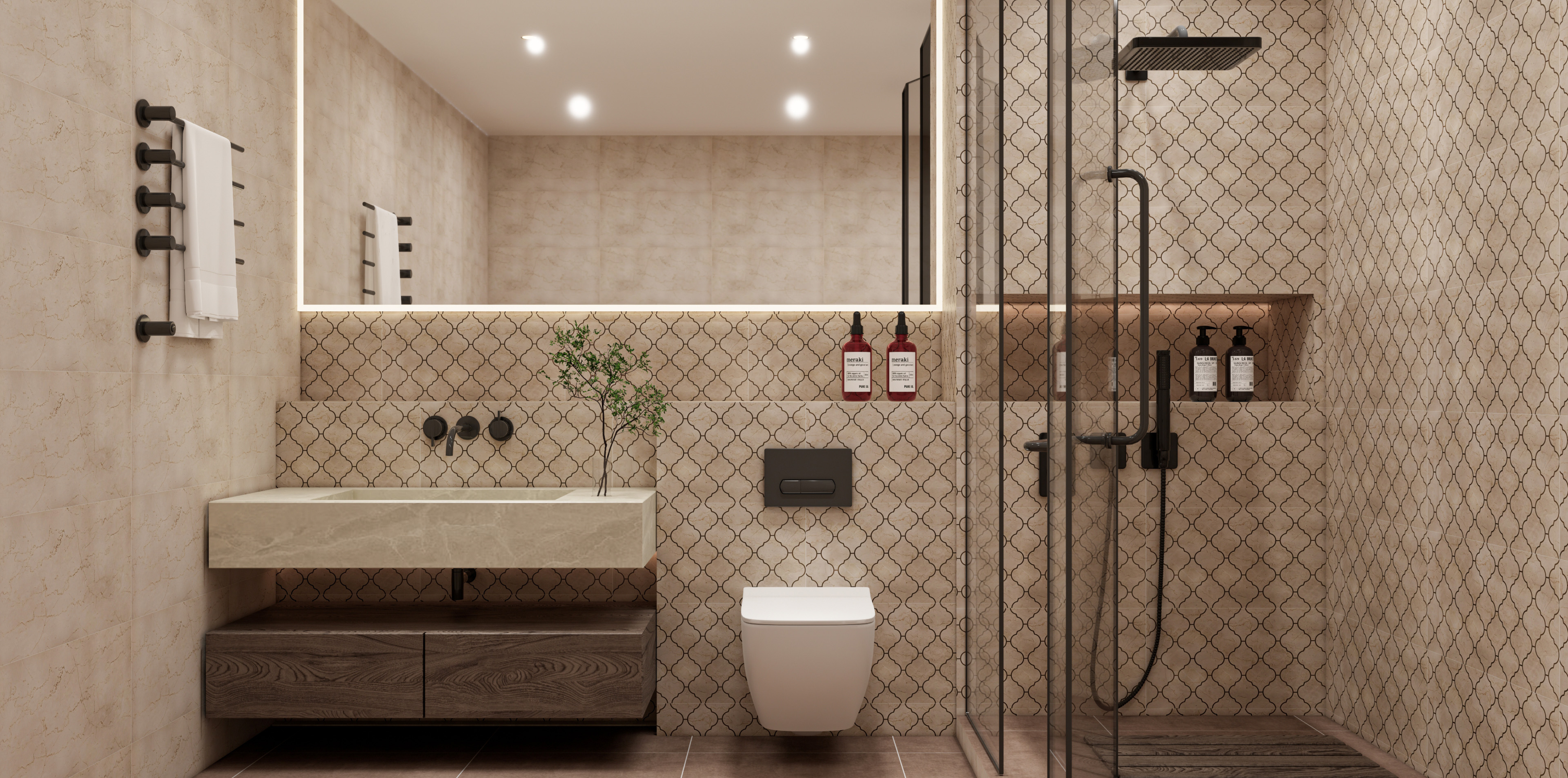 Beige Moroccan Tile Bathroom with Minimalist Vanity | Material Depot