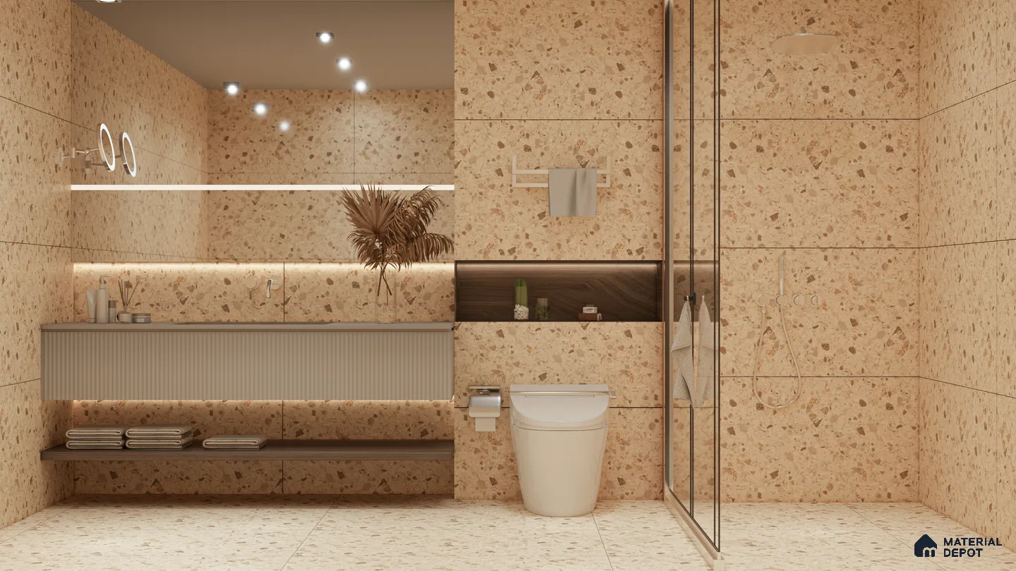 Beige Terrazzo Look Bathroom Tiles for a Warm, Earthy Ambience | Material Depot