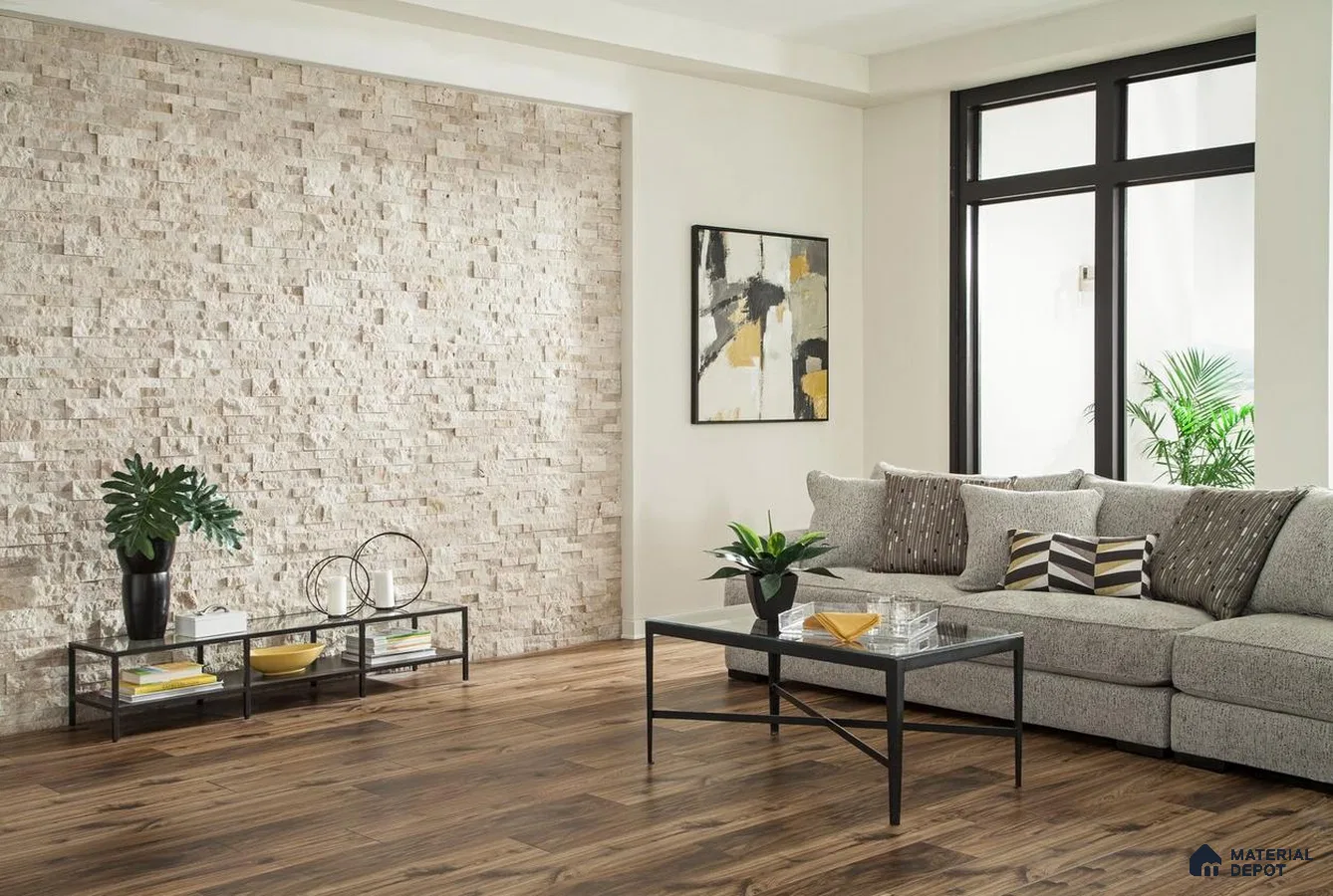 Living room with wooden floor and beige louvers