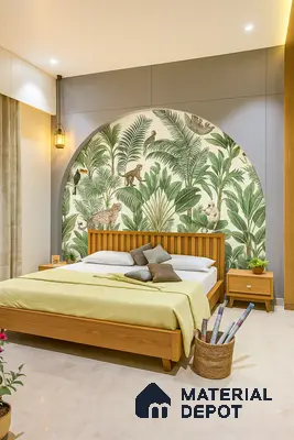 Biophilic Bedroom with Botanical Accent Wall, Warm Wood Finishes & Soft Beige Tiles | Material Depot