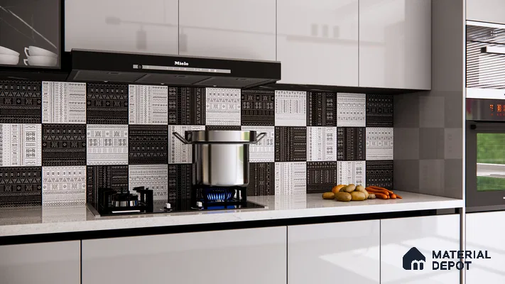 Black and White Ethnic Pattern Kitchen Backsplash Tiles | Material Depot