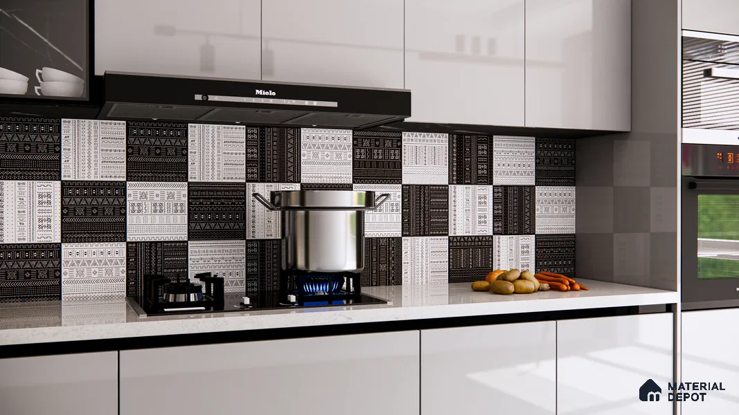 Moroccan Wall & Floor Carpet Border Tile TL 11149 Monochrome Tapestry 1 ft x 1 ft Ceramic Matte Finish Tile - 10 mm | Suitable For Living Room, Kitchen, Dining Area