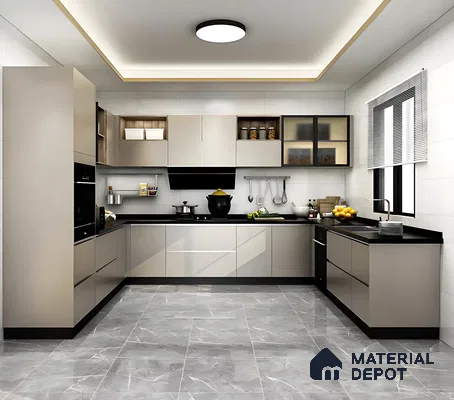 Black Counetrtop And Grey Floor Kitchen | Material Depot