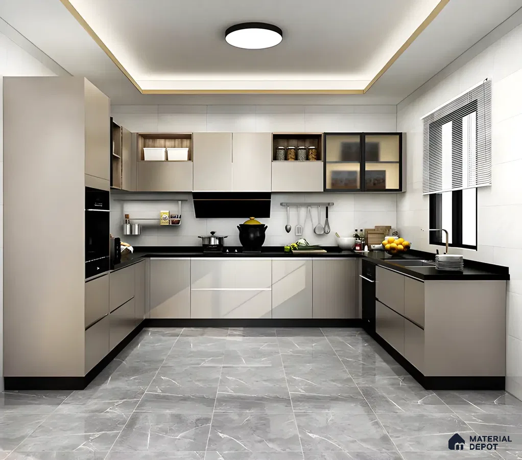 Black Counetrtop And Grey Floor Kitchen | Material Depot