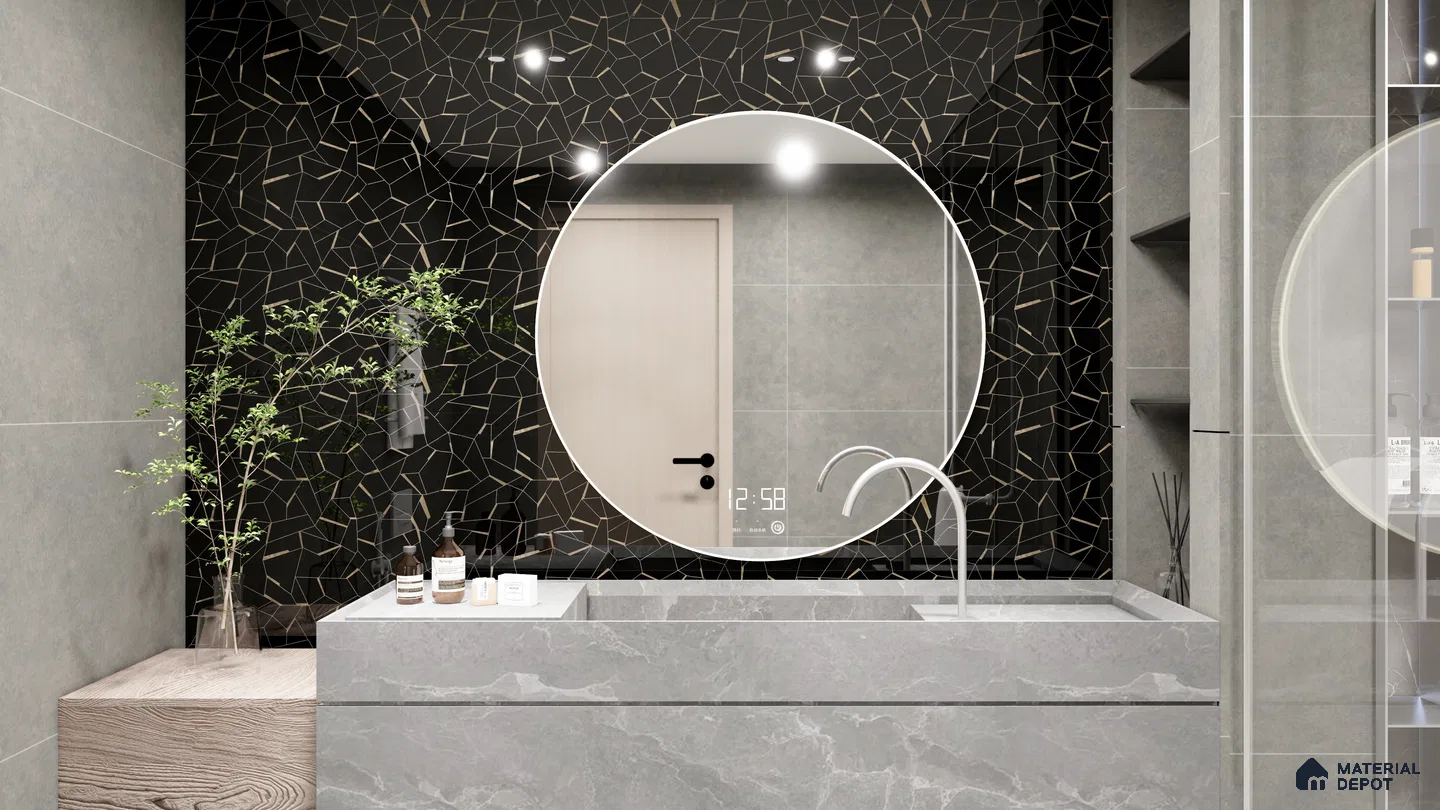 Black Mosaic Patterned Tile with Gold Grout for Modern Bathrooms | Material Depot