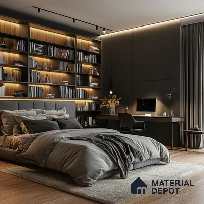 Black Sophisticated and Functional Bedroom Design with Home Office Sobha Dream Acres Panathur | Material Depot
