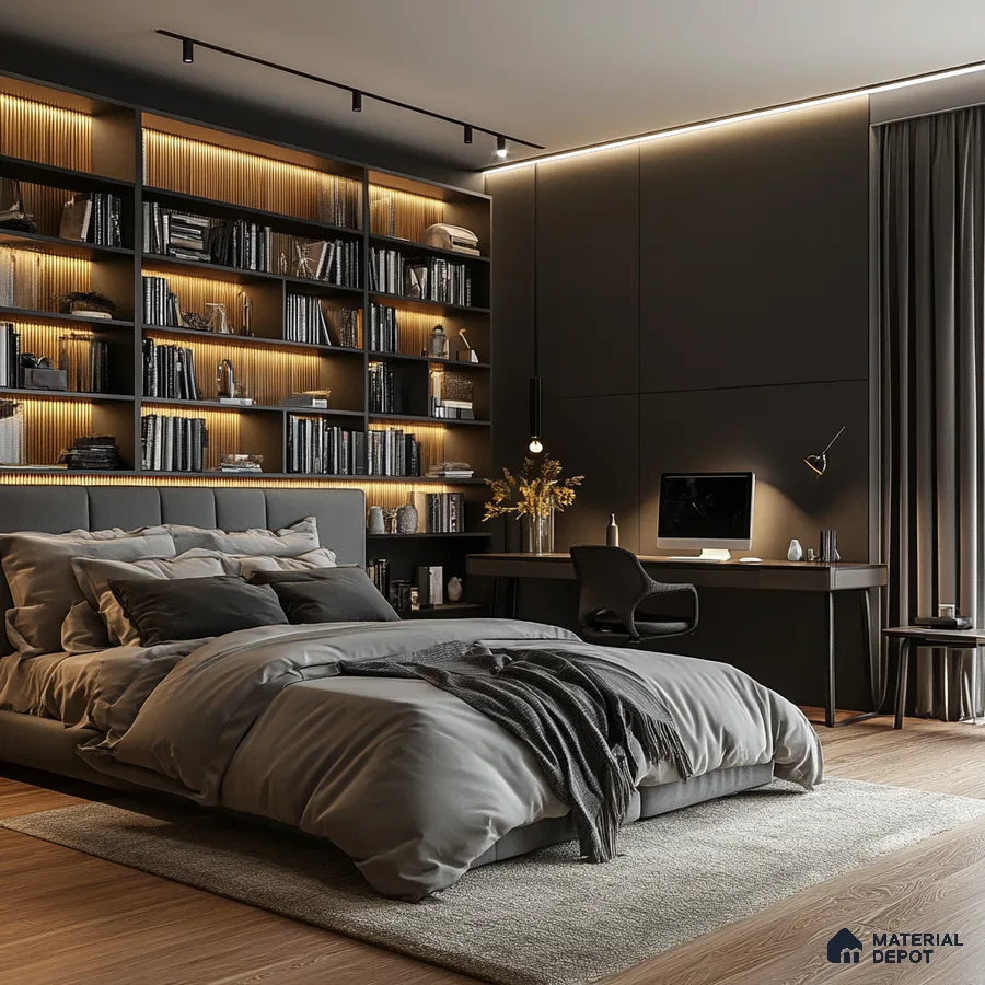 Black Sophisticated and Functional Bedroom Design with Home Office Sobha Dream Acres Panathur | Material Depot