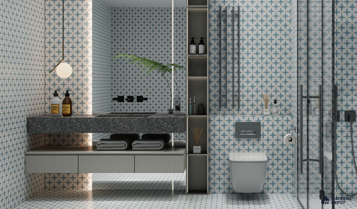 Blue and White Moroccan-Inspired Bathroom with Patterned Tiles | Material Depot