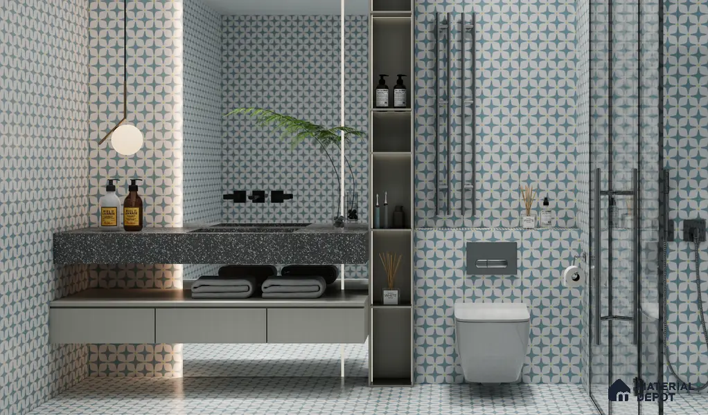 Moroccan Floor & Wall Tile TL 05093 Bauhaus Ice Blue 1 ft x 1 ft Ceramic Matte Finish - 9 mm | Suitable for Bathroom, Kitchen, Balcony | Please Expect a Slight Variation of Pattern