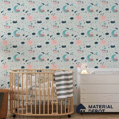 A close-up of a Animals Bedtime, Kids Wallpaper for Rooms, Blue 19.6 Inches(W) x 420 Inches(H) Atarangi Series Patterned Patterned - 57 Sq. Ft. with a finish available at Material Depot in Bangalore