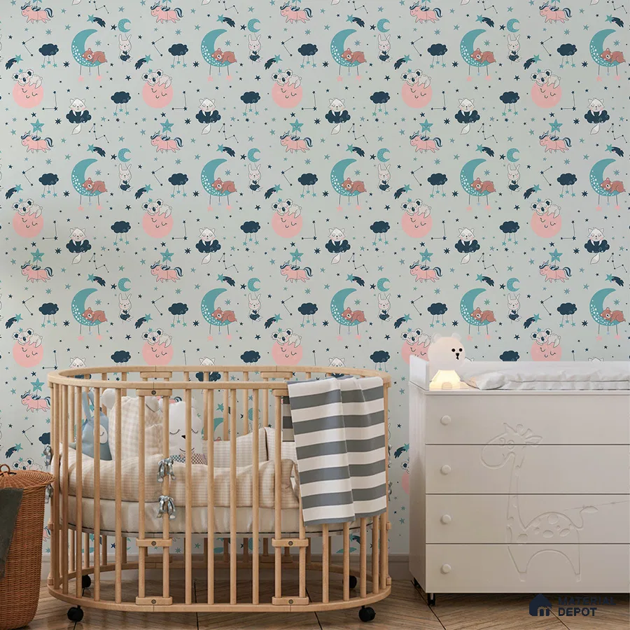 A close-up of a Animals Bedtime, Kids Wallpaper for Rooms, Blue 19.6 Inches(W) x 420 Inches(H) Atarangi Series Patterned Patterned - 57 Sq. Ft. with a finish available at Material Depot in Bangalore