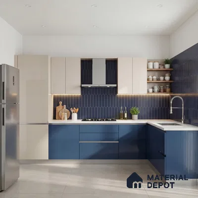Modern dual tone kitchen with blue and frosty white laminate, white quartz countertop, and navy blue kitkat backsplash tile