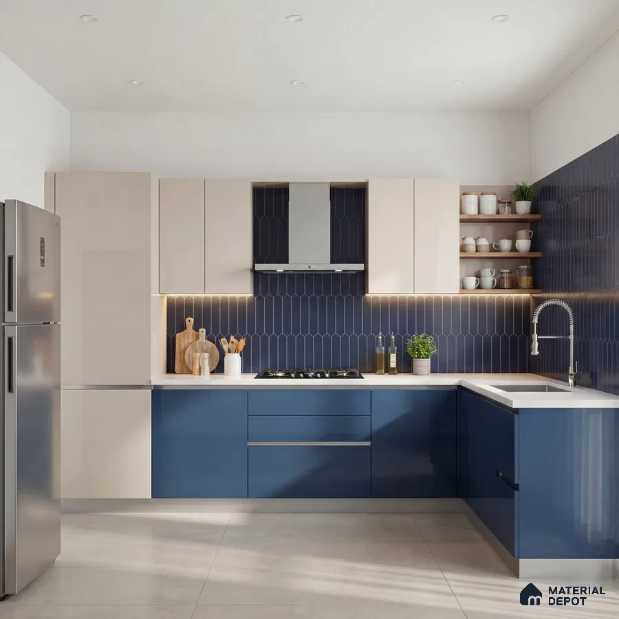 Modern dual tone kitchen with blue and frosty white laminate, white quartz countertop, and navy blue kitkat backsplash tile