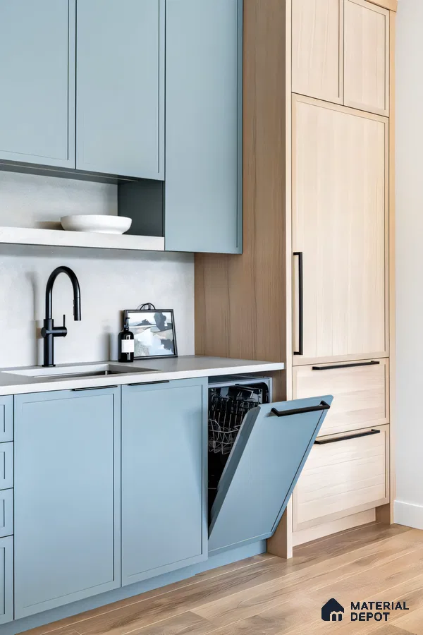 Blue Elegance Kitchen with Geometric Backsplash | Material Depot