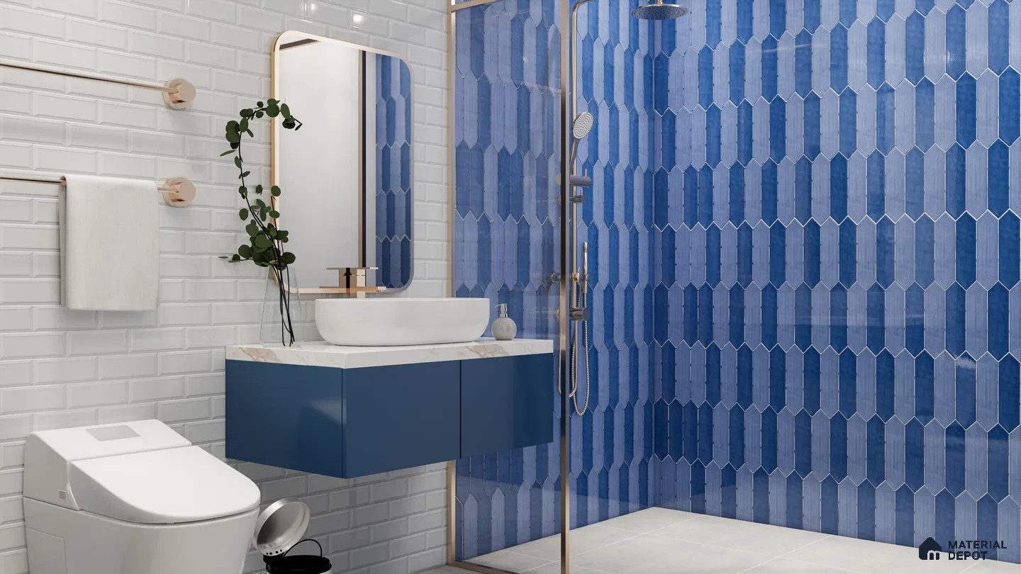 Blue Finger Tiles & White Subway Faux for a Luxe Contrast | Material Depot