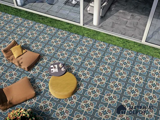 Blue Geometric Moroccan Tiles for Outdoor Patio Spaces | Material Depot