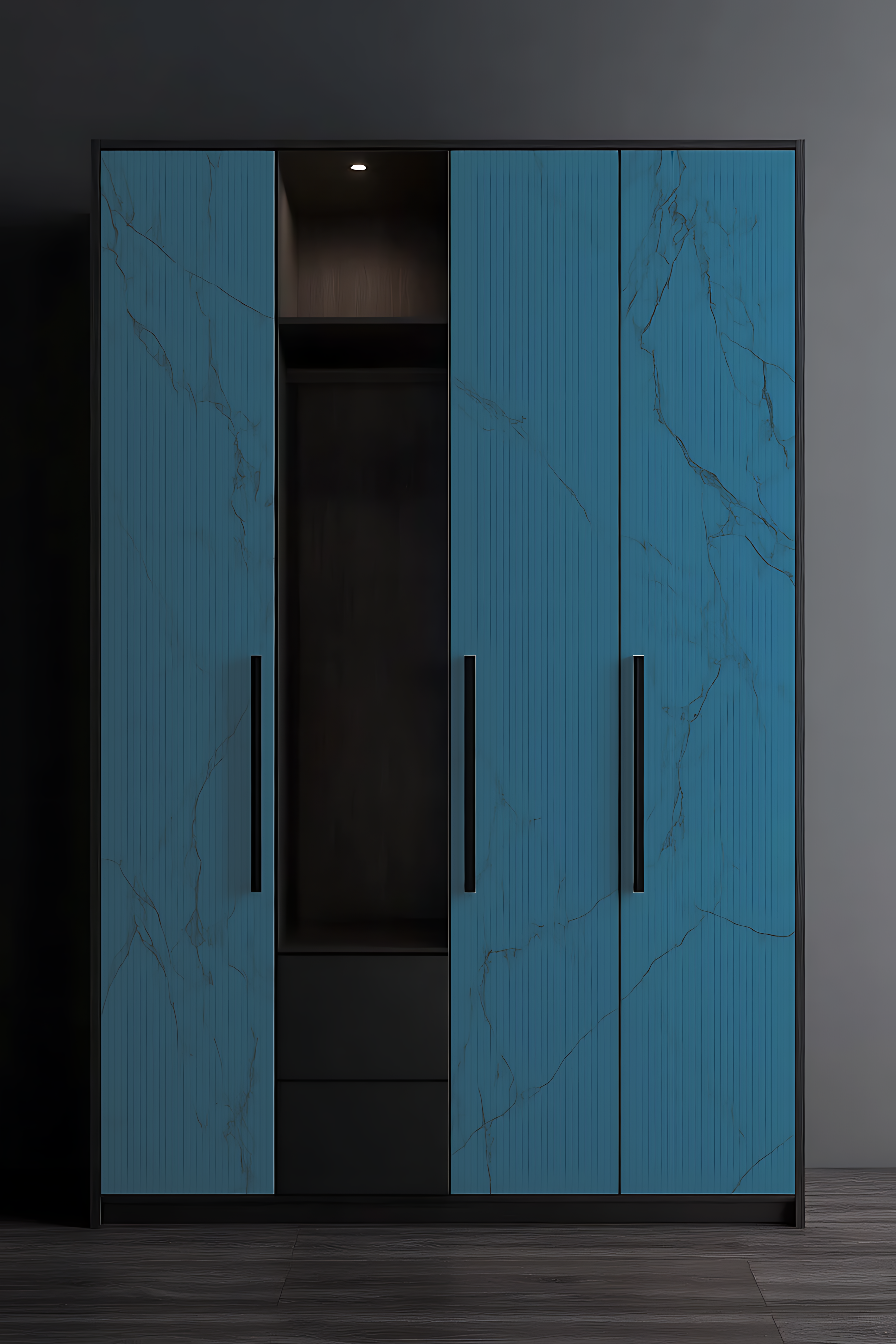 Modern Blue Marble Wardrobe with Fluted Finish and Black Open Niche | Material Depot