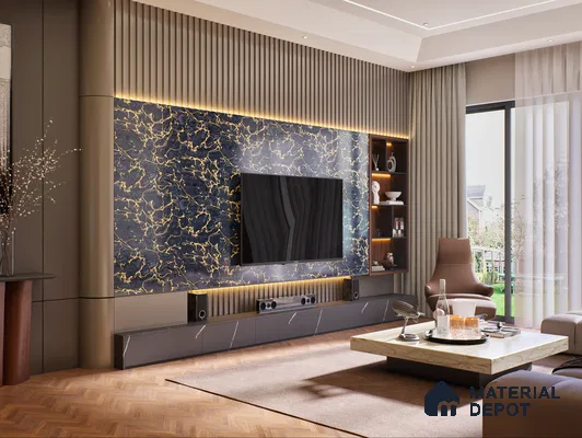Blue Marble TV Unit With Gold Veins Modern Living Room Design | Material Depot