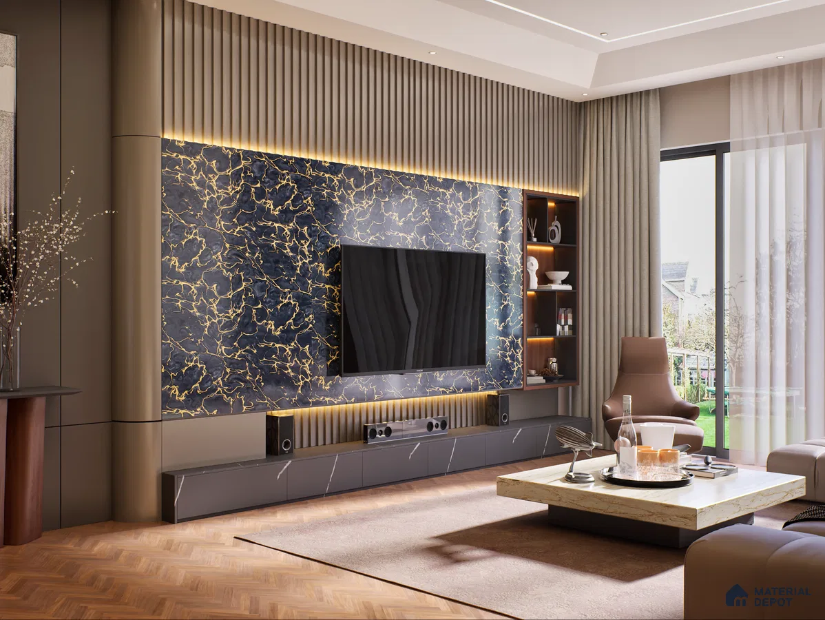 Blue Marble TV Unit With Gold Veins Modern Living Room Design | Material Depot