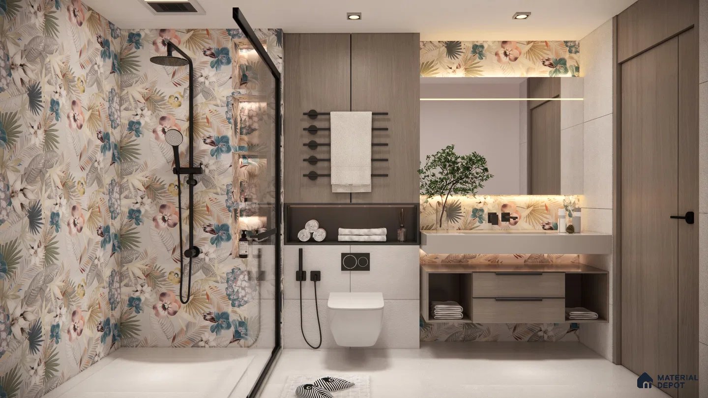 Tropical Floral Bathroom with Soft Pastel Accents and Modern Features | Material Depot