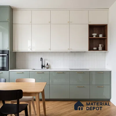 Scandinavian kitchen with sage green and white laminate, vertical subway backsplash tile, and oak wood flooring