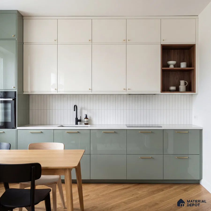 Scandinavian kitchen with sage green and white laminate, vertical subway backsplash tile, and oak wood flooring
