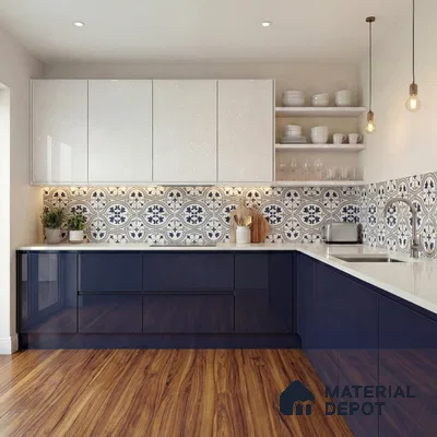 Modern kitchen with navy blue high gloss laminate, white solid laminate, patterned moroccan backsplash tile, and wood-look flooring