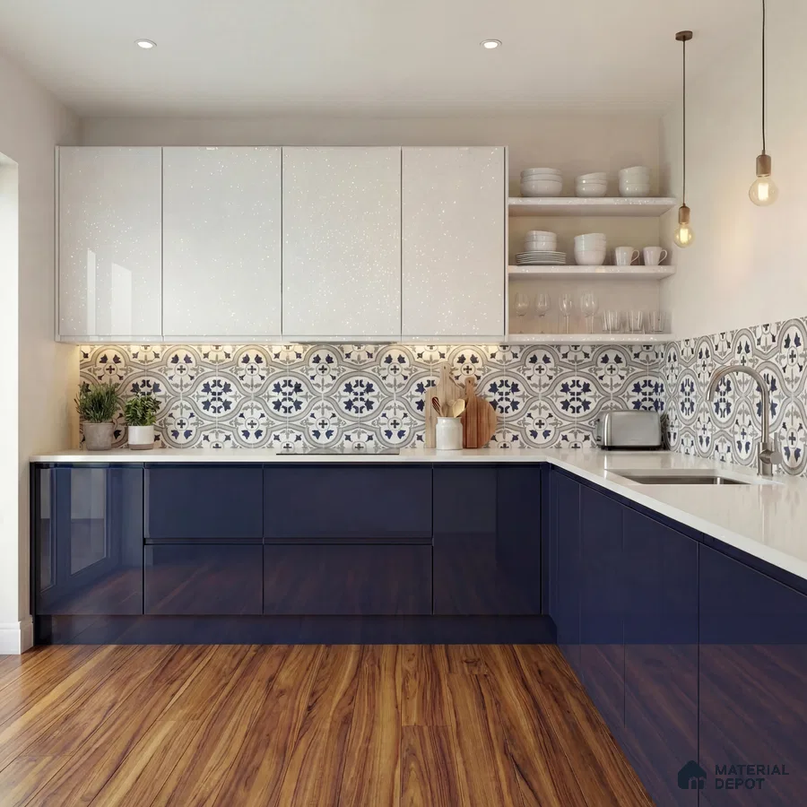 Modern kitchen with navy blue high gloss laminate, white solid laminate, patterned moroccan backsplash tile, and wood-look flooring