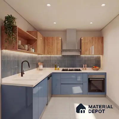 Modern dual tone kitchen with blue high gloss laminate, natural wood laminate, and vertical grey kitkat backsplash tile