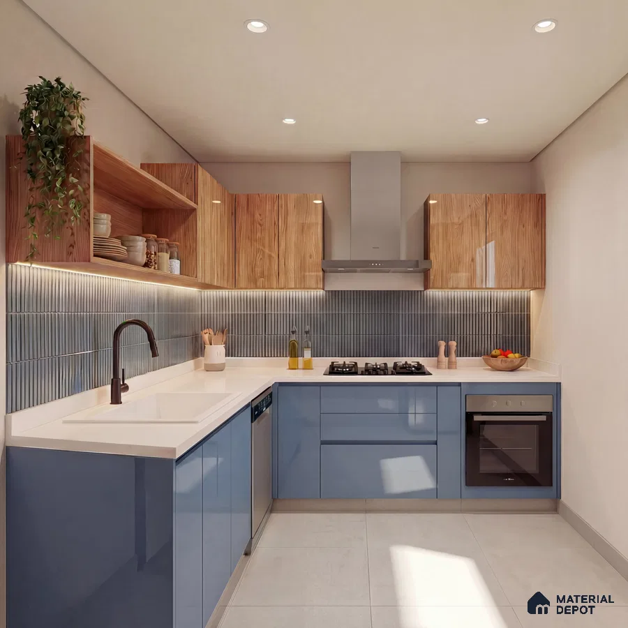 Modern dual tone kitchen with blue high gloss laminate, natural wood laminate, and vertical grey kitkat backsplash tile