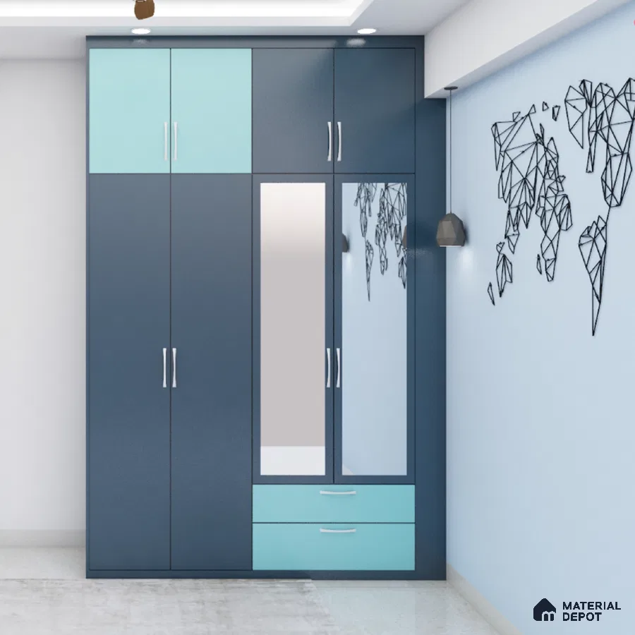 Blue hinged wardrobe with mirror