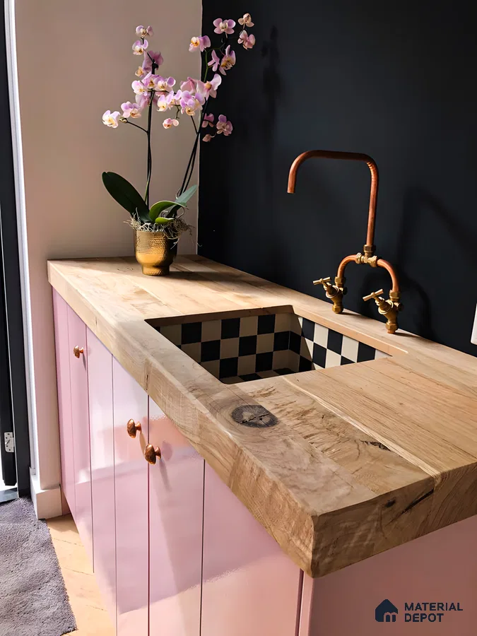 Blush Charm: Soft Pink Cabinetry Paired with Natural Wood Countertop and Retro Black Checkered Sink Detail | Material Depot