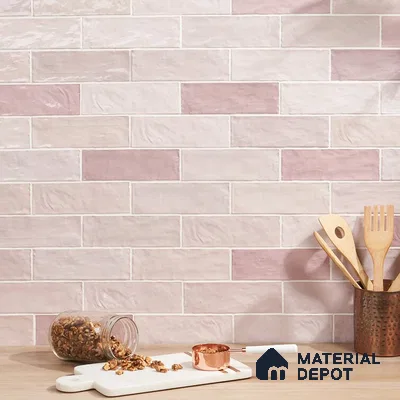 Blush Elegance Pink Horizon Tiles and Wooden Accents in Kitchen | Material Depot