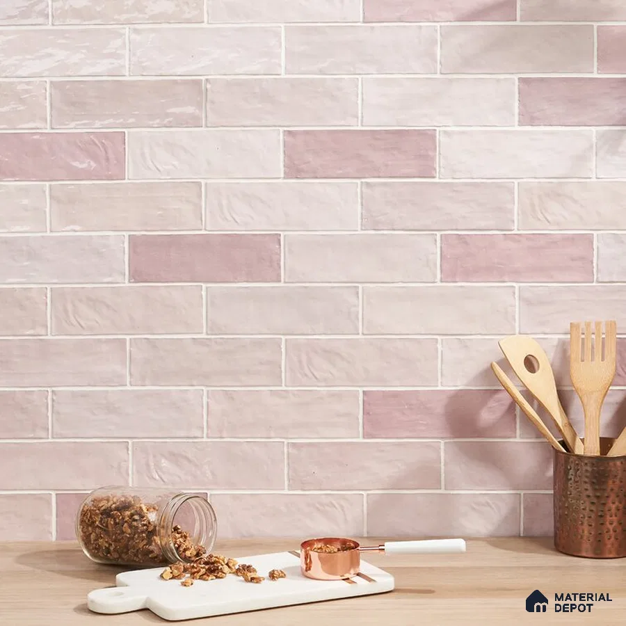 Blush Elegance Pink Horizon Tiles and Wooden Accents in Kitchen | Material Depot