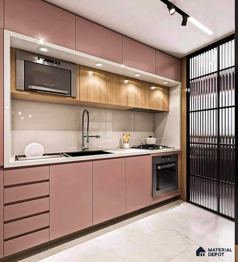 Blush Harmony: Modern Kitchen with Decorative Pink Cabinetry | Material Depot