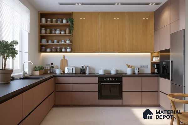 Forest Green and Oak Matte Kitchen with Built-In Glass Shelf Highlights | Material Depot