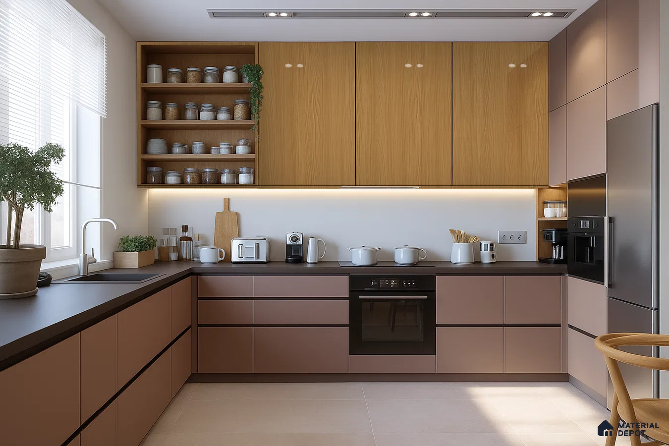 Forest Green and Oak Matte Kitchen with Built-In Glass Shelf Highlights | Material Depot