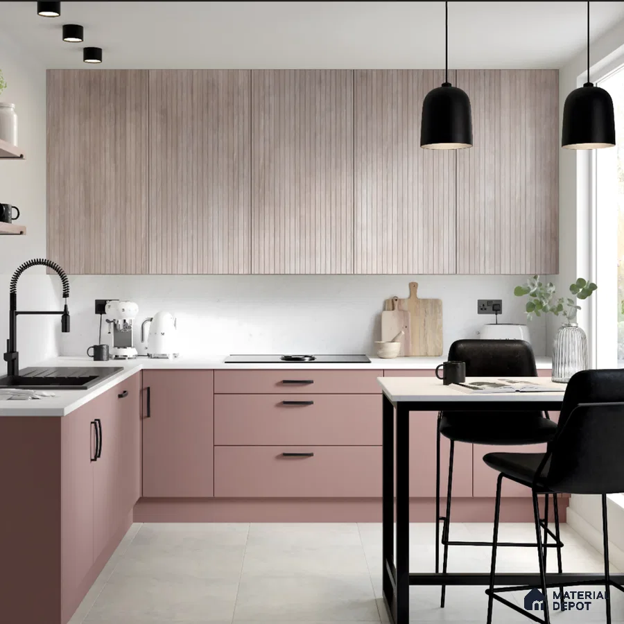 Blush Pink And Fluted Wood Kitchen With Modern Monochrome Accents | Material Depot