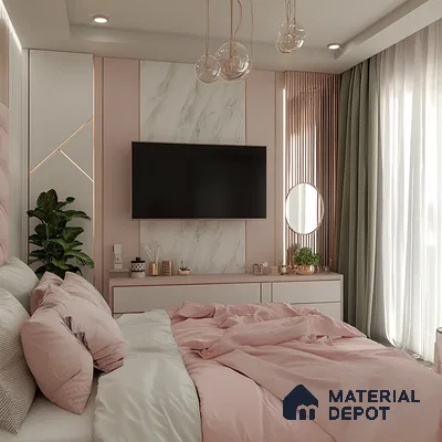 Blush Pink and Marble Modern Bedroom Design with TV Feature Wall Assetz Canvas & Cove Begur Road | Material Depot