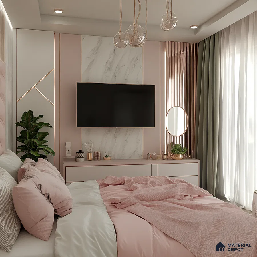 Blush Pink and Marble Modern Bedroom Design with TV Feature Wall Assetz Canvas & Cove Begur Road | Material Depot